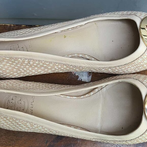 Tory Burch Reva Tan White Polka Dot Leather Flats with Logo size 7 1/2 - Picture 12 of 13